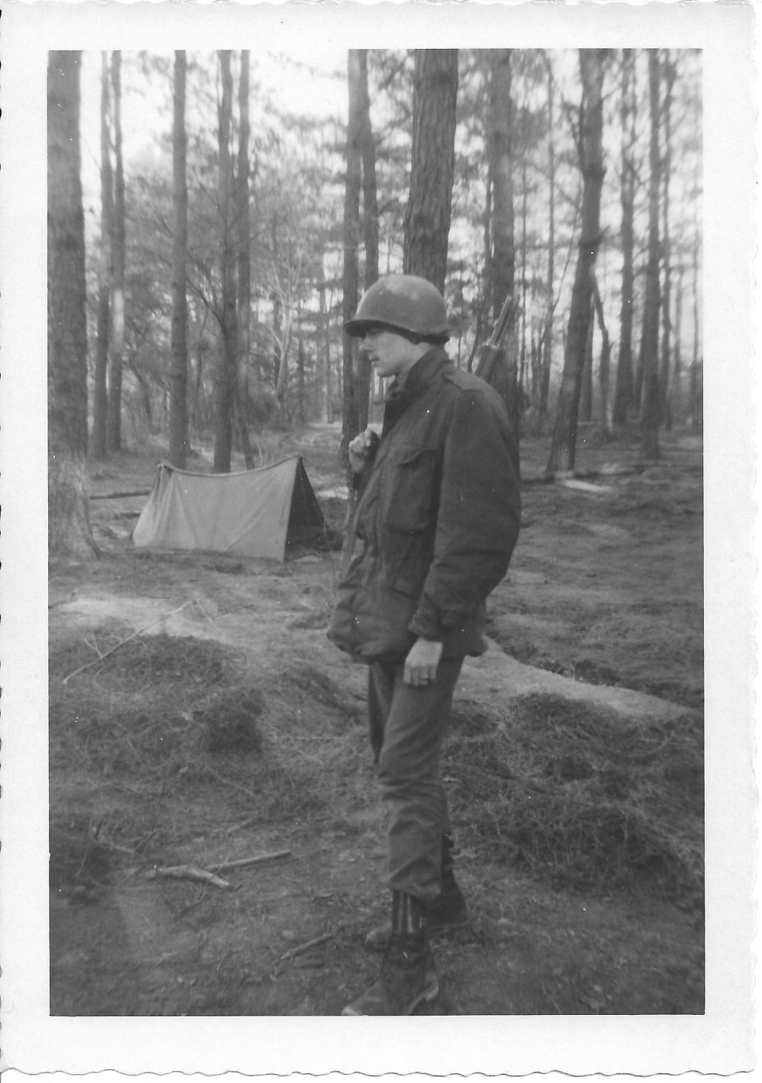26 MASH Don Feeney, bivouac, after 24 hr guard duty ammo dump,Ft Eustis, VA, January, 1953