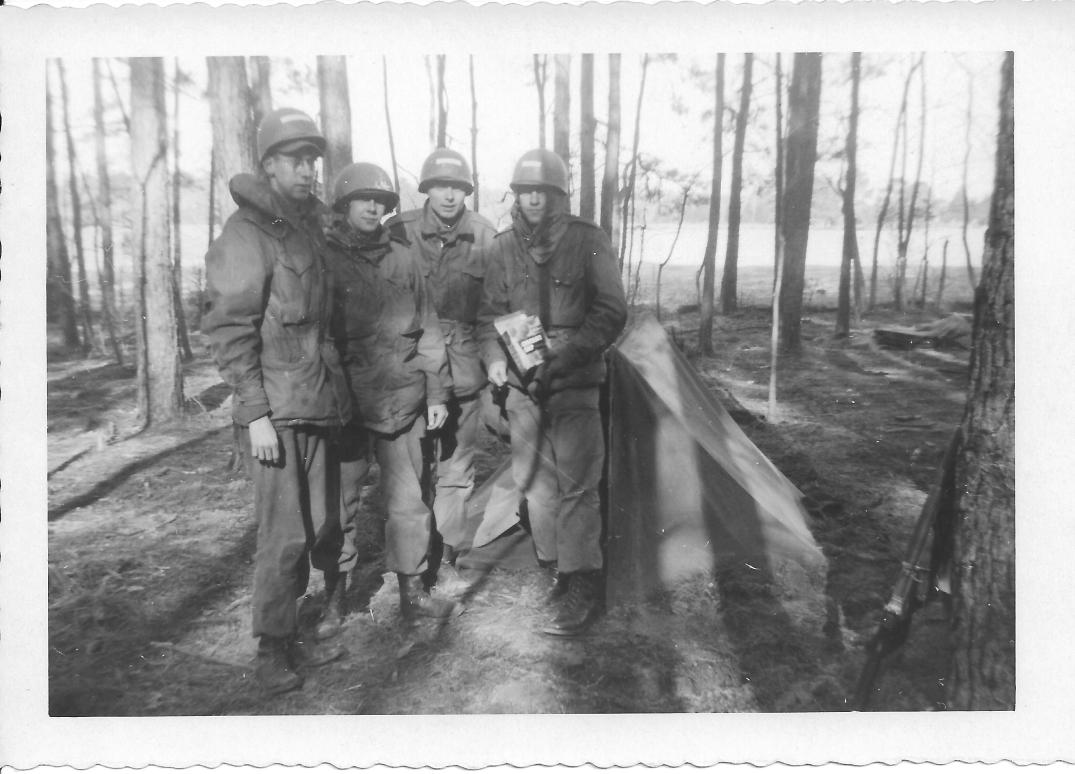 27 MASH Andy Luftig, Russ Hardy, Bernie Fischer, Don Feeney, bivouac, Ft Eustis, VA January 1953